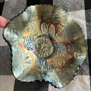 Fenton Water Lily Ruffled Dish Bowl, 3 footed carnival glass